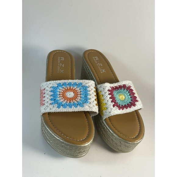 RZX Womens 3” Wedge Slides Knit Patchwork Granny Square Print Womens 7.5 New - Picture 3 of 7
